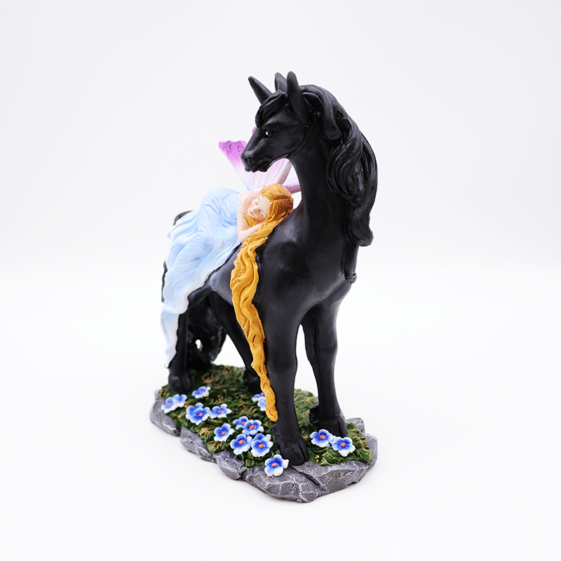 OEM home garden decor miniature 3d figure statue custom resin craft beautiful mystical fairy and black unicorn figurines manufacture