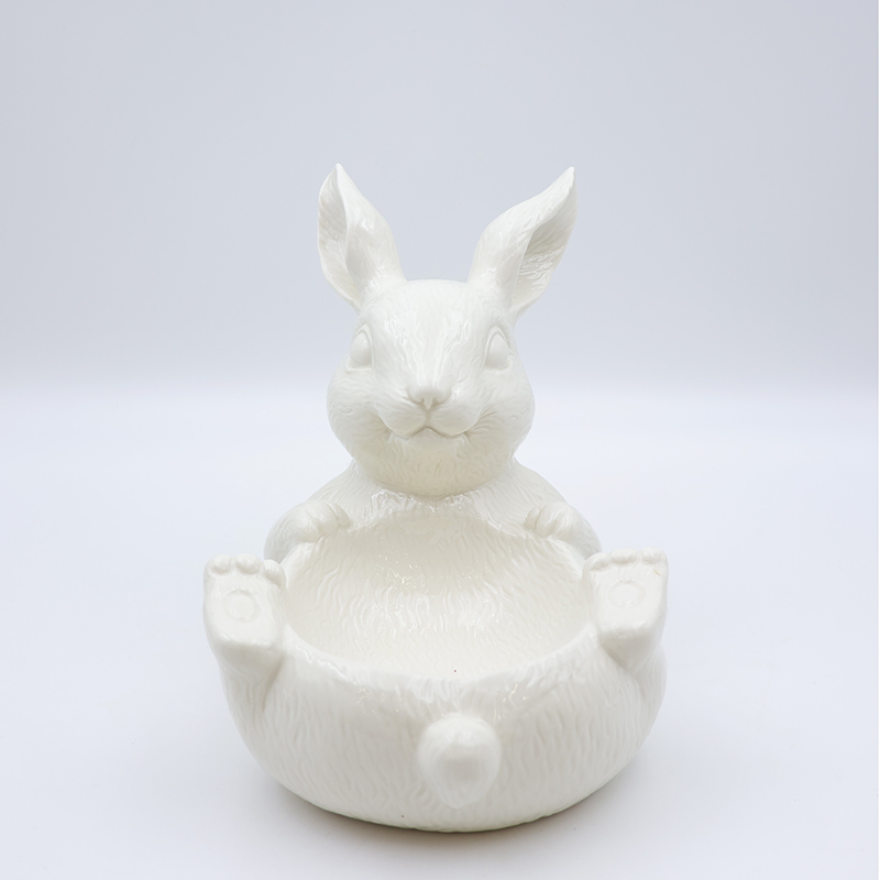 OEM Nordic home decor holiday kitchen ware storage snack container custom cute ceramic Easter white bunny bowl dishes manufacture
