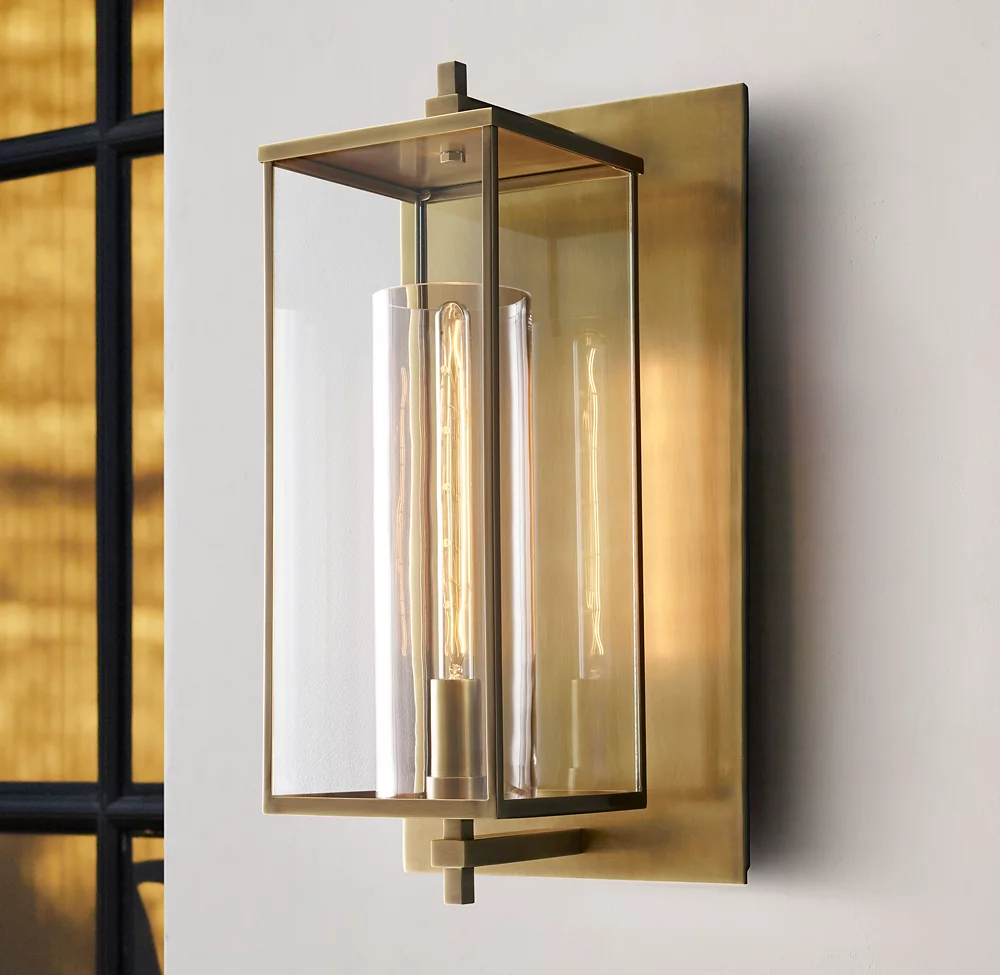 Porch Hotel Villa Corridor Antique Brass Rectangular Wall Light Metal E26 LED Glass Bedside Wall Lamp manufacture