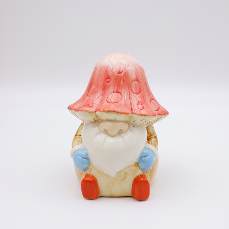 OEM Custom new home decor cute 3d figure statue ceramic fanshaped pink mushroom gnome figurine ornaments gift manufacture