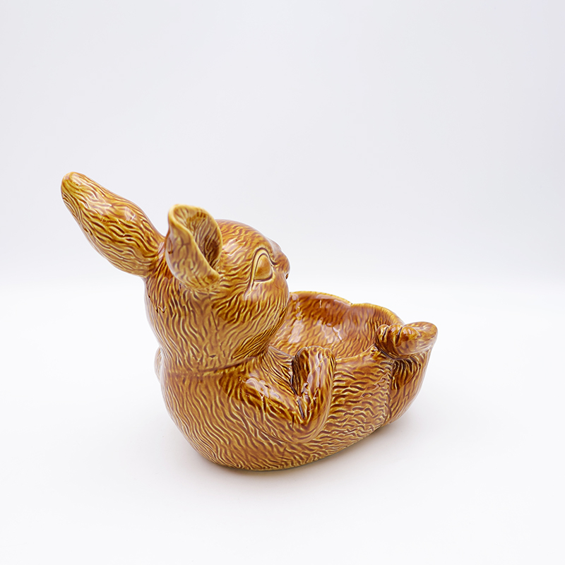OEM Nordic home decor holiday kitchen ware storage snack container custom cute ceramic Easter brown bunny bowl dishes manufacture
