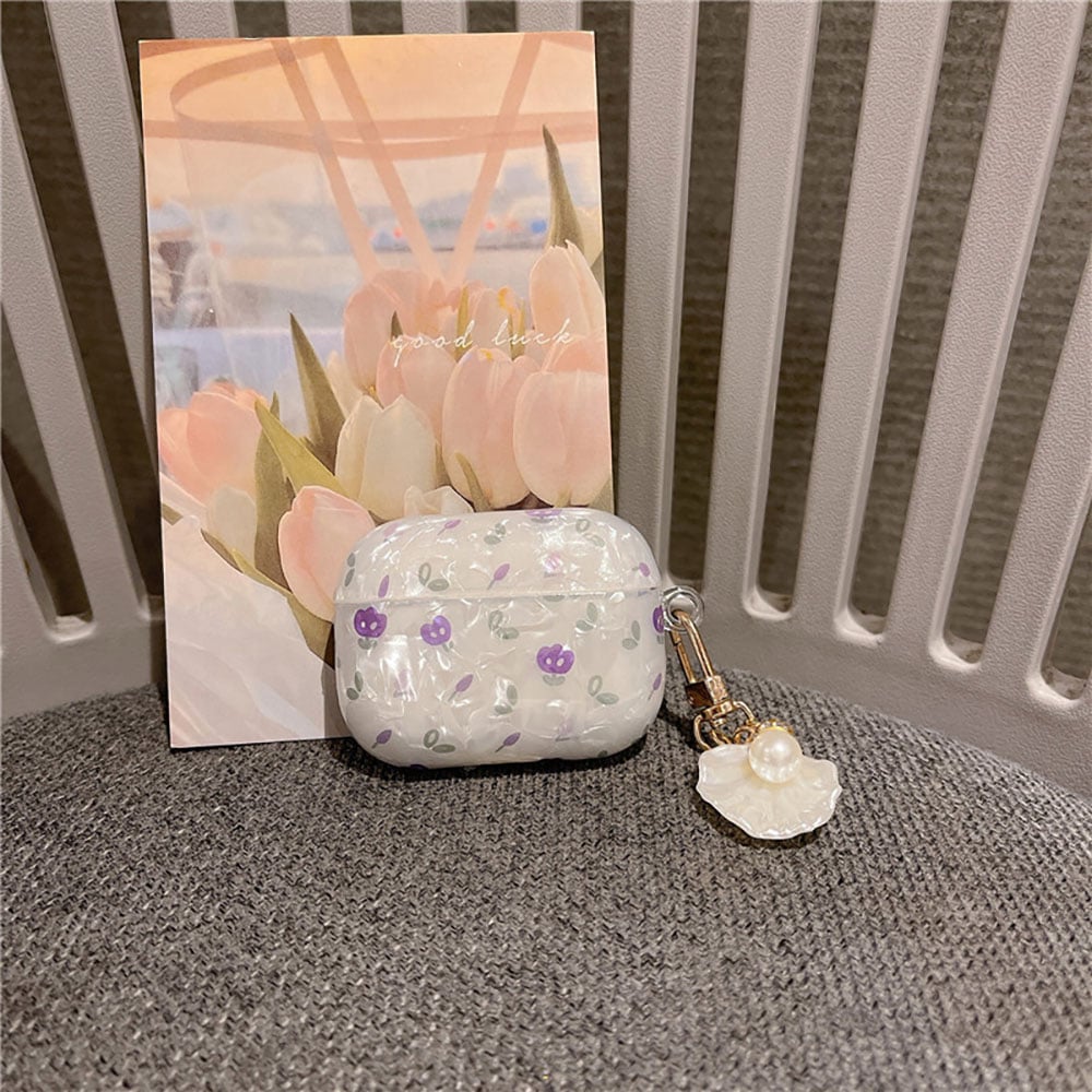 Laudtec EJK03 Purple Keychain Seashell Metal Hook Pearl Shell Flower Case For Airpod Airpods Pro 2 3 2Nd 2Da 3Rd Gen Generation