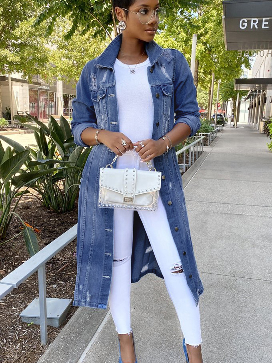 Denim Jacket Women's Solid Color Tassel Breasted Ripped Hole Long Denim Trench Coat supplier