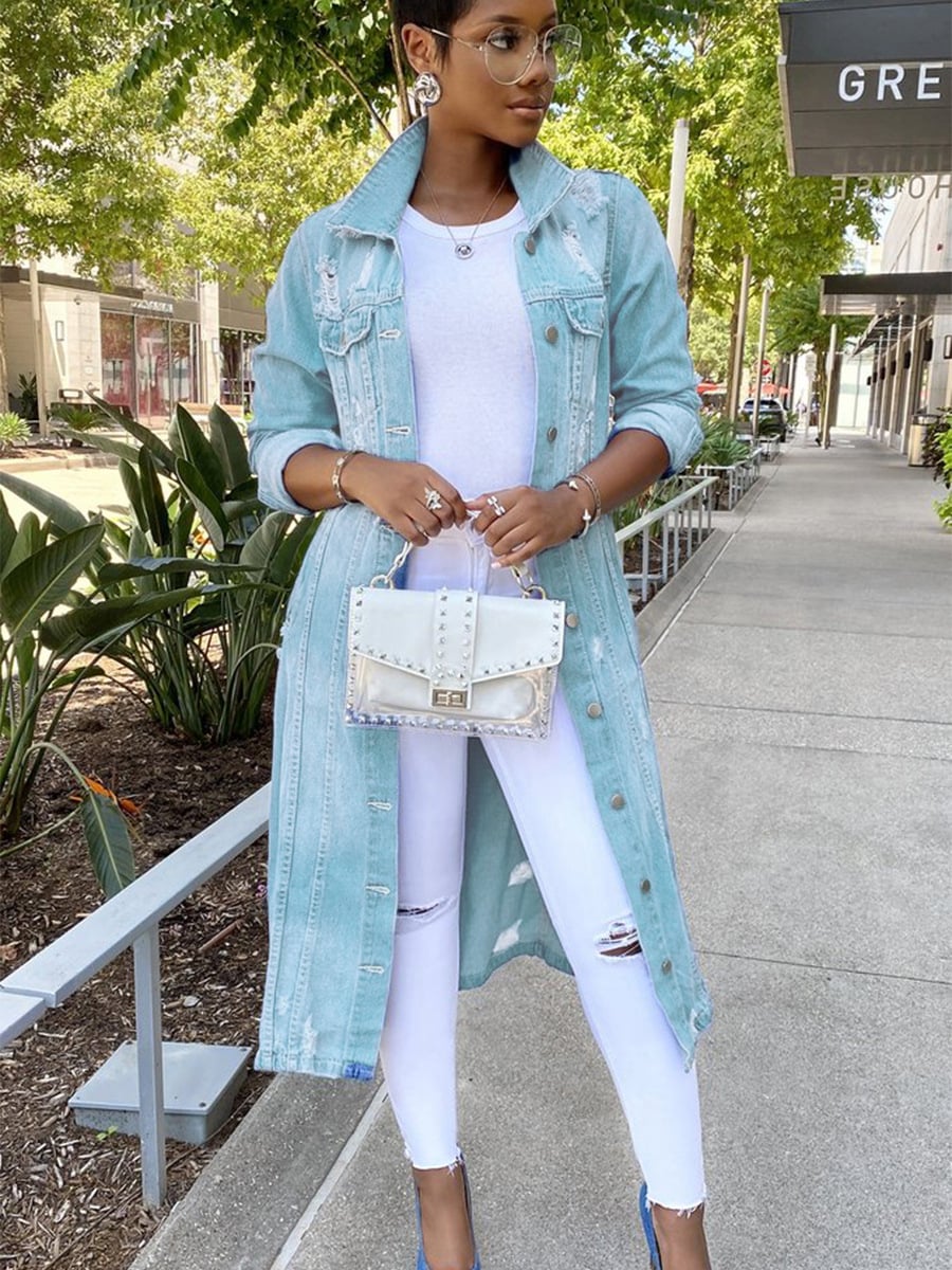 Denim Jacket Women's Solid Color Tassel Breasted Ripped Hole Long Denim Trench Coat details