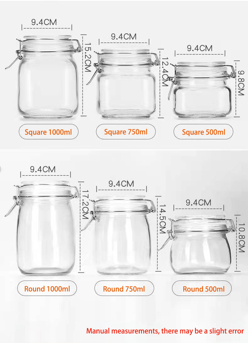 Large glass food storage jar s with airtight flip clamp lids for flour cereal coffee pasta and canning details