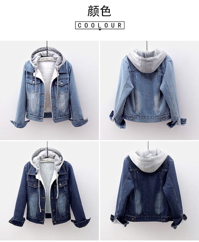 Ladies Womens Winter Sherpa Hoodie Jacket Casual Jeans Slim Fit Blue Denim Plus Size Women's Jackets details