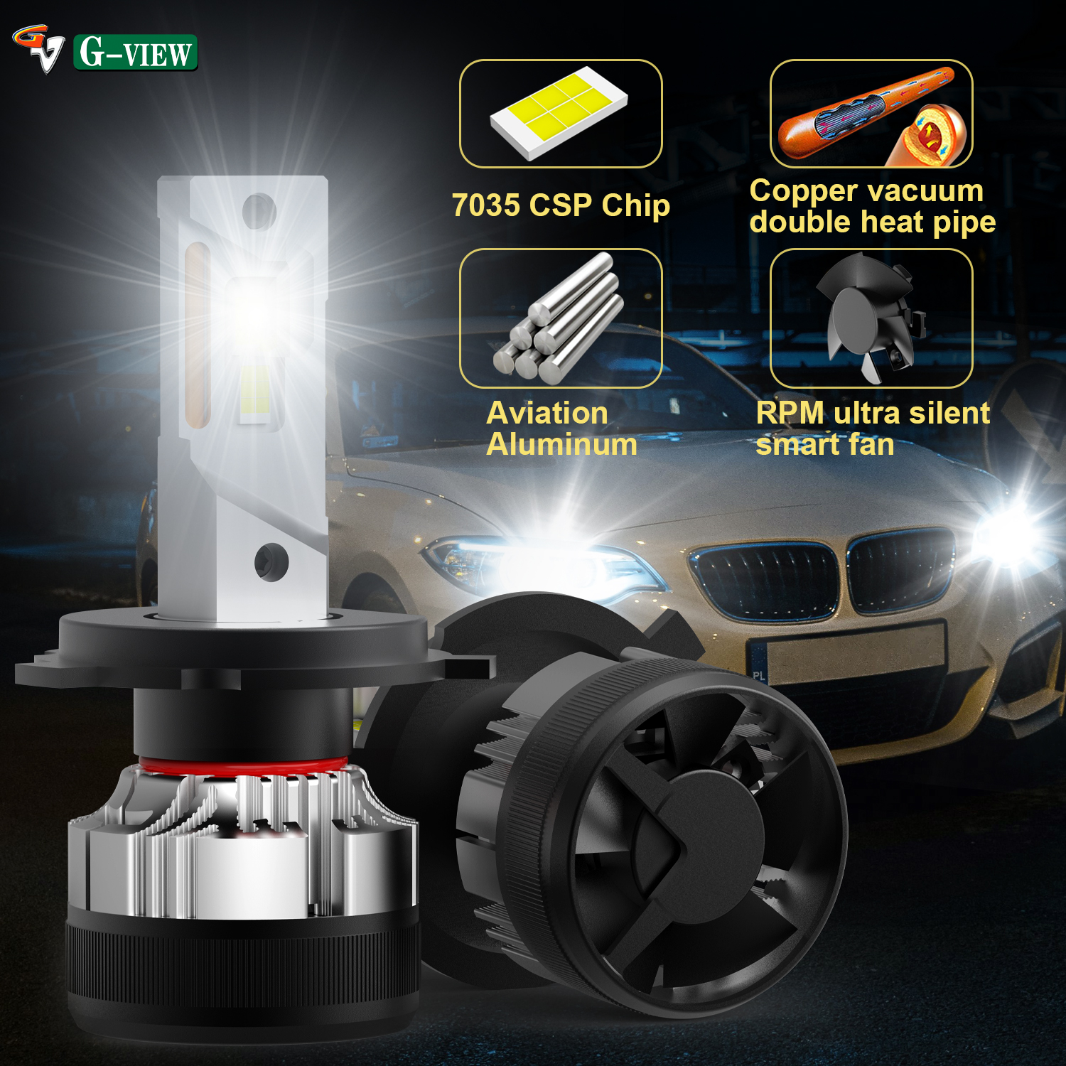 Gview G12W LED CSP 7035 Chip LED Head Light with Fan H1 H18 H7 H11 H13 9005 9006 9007 9012 30000lm H4 H19 LED Headlight Bulb details