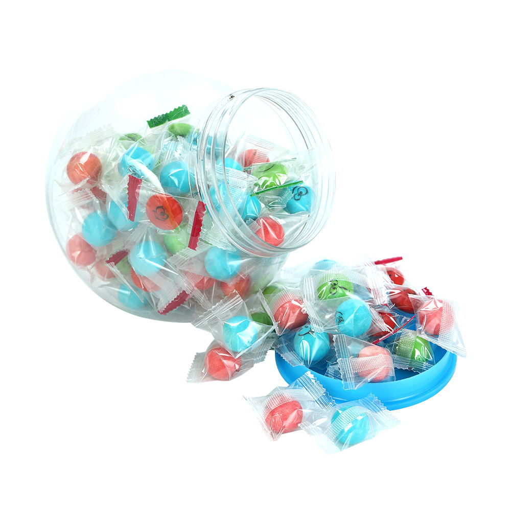 box package halal fruit, mint flavor center filled printed bubble chewing gum ball with jam manufacturer factory