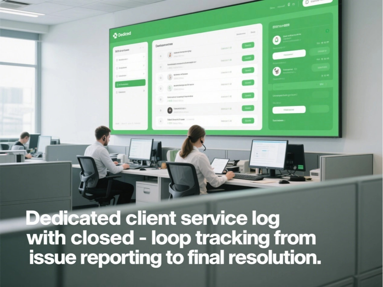Dedicated client service log with closed-loop tracking from issue reporting to final resolution.